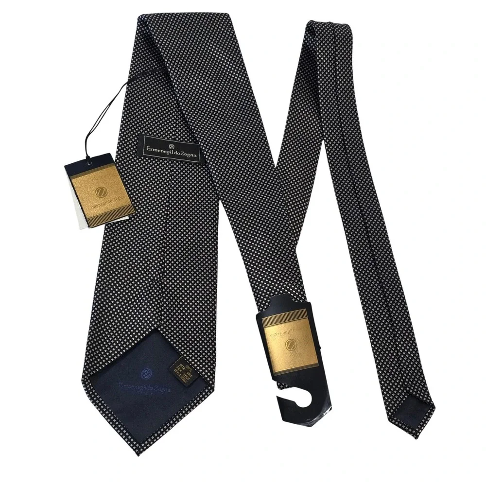 Ermenegildo Zegna Mens Black White Micro Check 100% Silk Tie Made in Italy NEW
